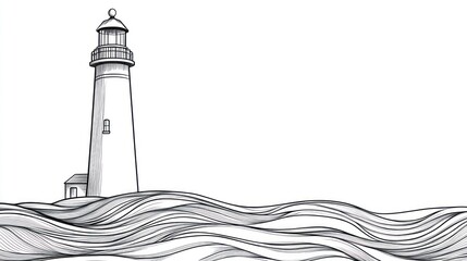 Coastal lighthouse sketch with ocean waves, ideal for nautical themes