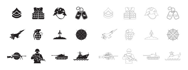 Fototapeta premium Military and Defense Icons Set. Editable minimalist and outline vector icons.