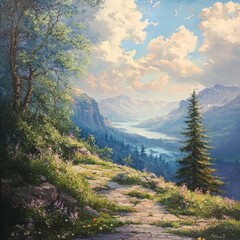 Obraz premium Mountain Lake Vista with Wildflower Path