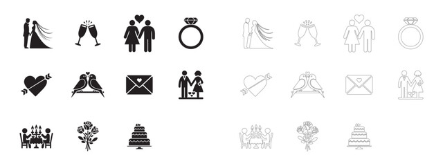Wedding and Romance Icons Set. Editable minimalist and outline vector icons.