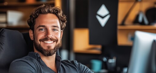 Man with a beard is sitting in a chair with a computer monitor in front of him. He is smiling and he is happy