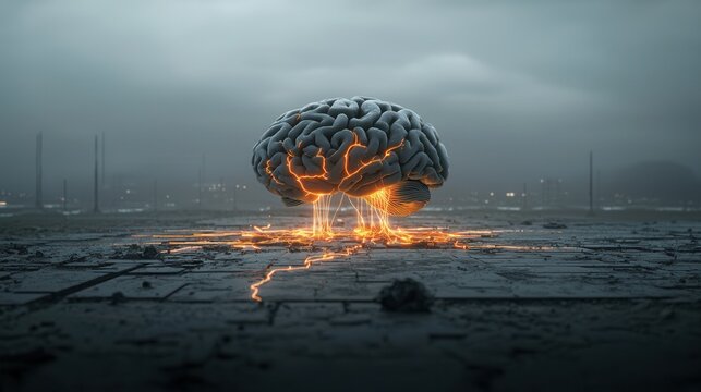 Surreal digital depicting a hybrid of a brain and a tree with a nuclear explosion in the background symbolizing the explosive fusion of technology nature and the human mind