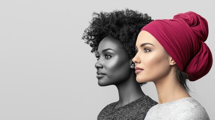 Two women with contrasting styles and color palettes, one in monochrome and the other in vibrant tones.