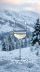 Elegant white wine glass against the snowy landscape, snowy landscape, tranquility