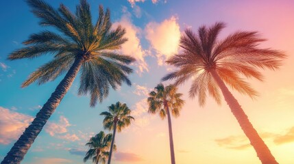 Several tall palm trees and a vibrant sky are visible