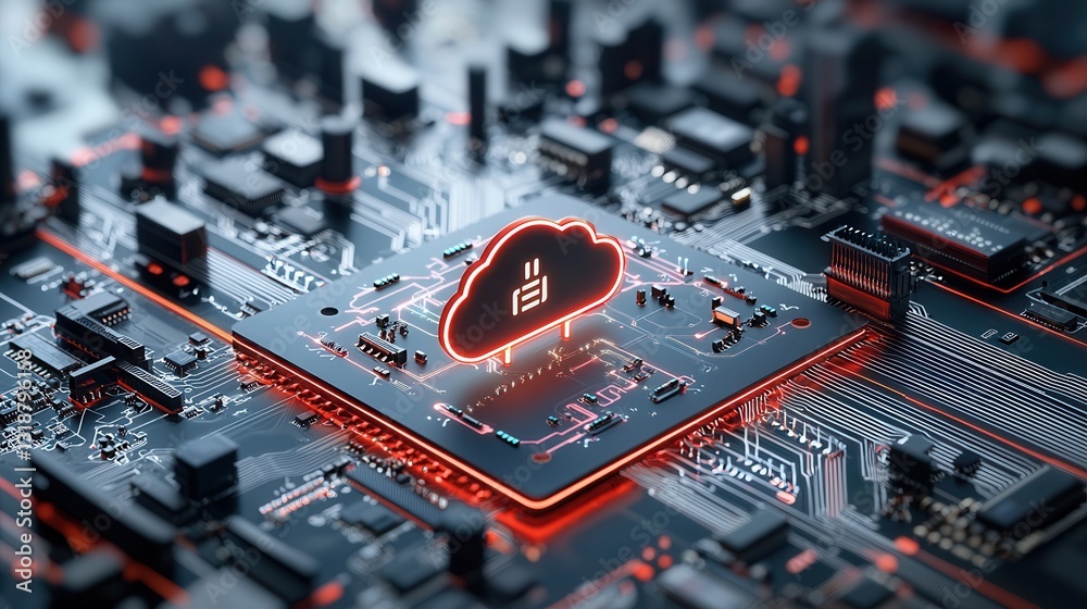 Poster an abstract and futuristic 3d rendering of a cloud computing representation featuring a highly detai