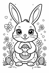 A charming Easter bunny holds a painted egg. Flowers, small hearts and additional eggs around him create an atmosphere of a spring holiday. Suitable for coloring.
