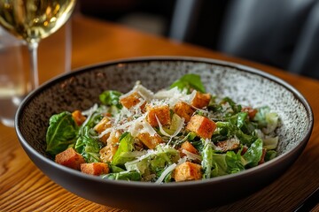 A bowl of salad with croutons and cheese