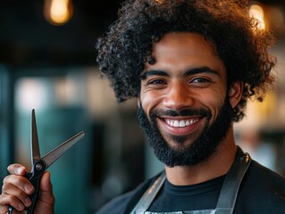 Confident Barber Holding Scissors in a Modern Salon, Symbolizing Skill and Precision. Perfect for Hair Salon Marketing, Barber Shop Websites, and Hair Styling Tutorials.