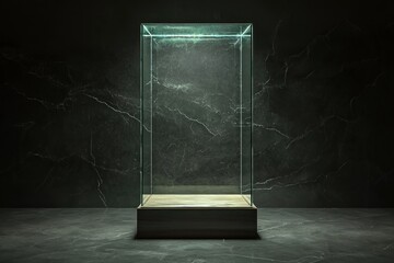 Empty glass display case with spotlight, on a marble surface against a dark stone wall