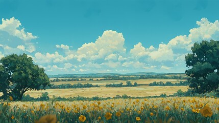 Obraz premium Summer Landscape with Yellow Flowers and Blue Sky