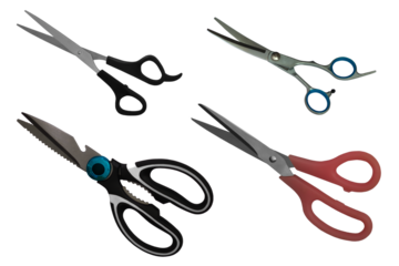Close-up view of scissors used for various tasks isolated on png file with transparent background.