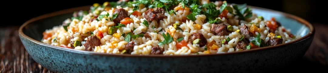 A well-served plate of lamb rice pilaf with pistachios and fresh herbs. Generative AI