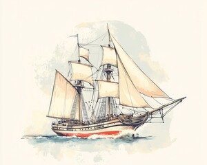 Obraz premium Sailing ship, ocean voyage, watercolor style, calm sea, nautical art