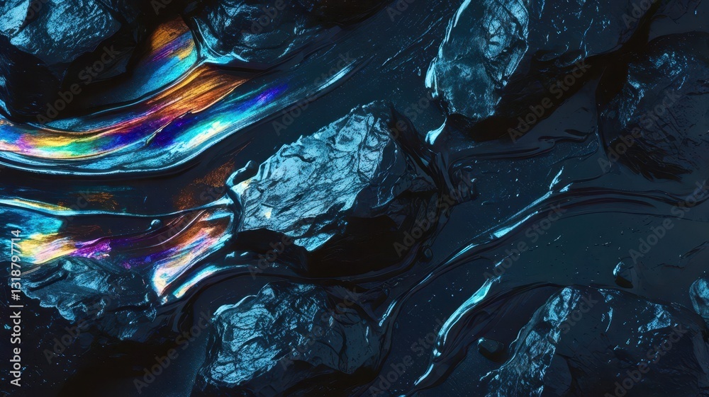 Aufkleber a blue and black image of rocks and water with a rainbow in the background