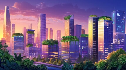 Obraz premium A vibrant cityscape at sunset, featuring modern skyscrapers adorned with greenery, blending nature and urban life harmoniously.