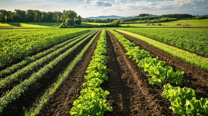 A vibrant agricultural landscape showing neat rows of green crops under a blue sky, highlighting the beauty of farming and nature.
