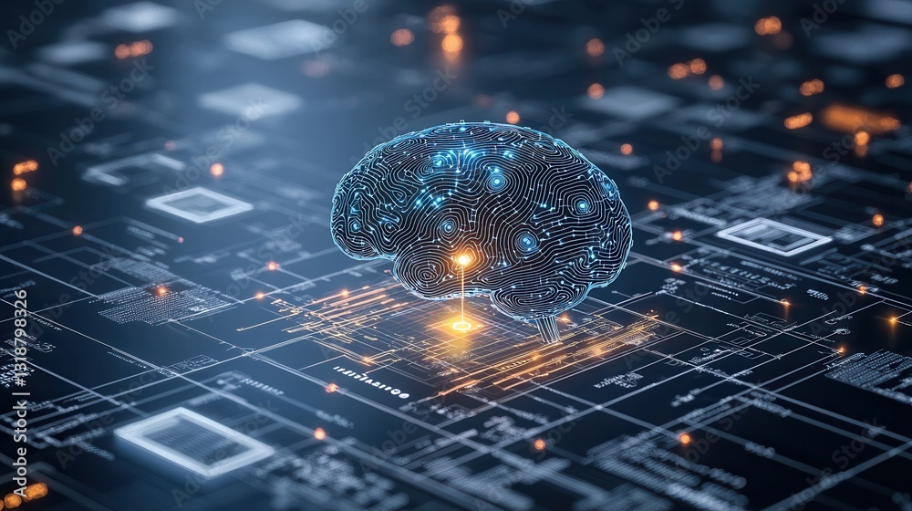Poster visionary intelligence artwork featuring a digital brain with glowing interconnected circuits repres