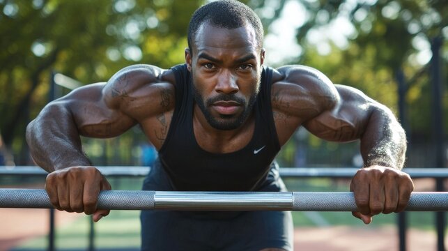 Man Practicing Calisthenics on Parallel Bars in Outdoor Training Session Surrounded by Nature