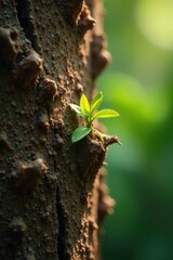 Brown palm trunk with small plant and intricate details, botanical, bark