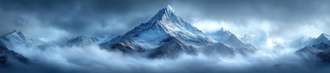 Obraz premium Snowy Mountain Range with Dark Clouds and Snowstorm Conditions. Generative AI
