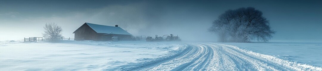A Snowstorm Sweeps Through a Farm in the Winter with Tractors in the Background. Generative AI