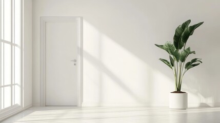 Minimalist white room, sunlight, potted plant, door, interior design, home decor