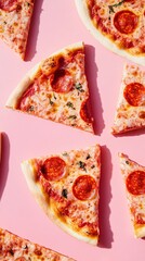 A close up of a pizza with pepperoni slices on a pink background