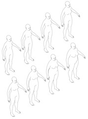 Vector illustration of female body sequence outline from thin to fat. The figures are all standing upright, with their arms outstretched, and they are all of varying sizes and shapes. Isometric view