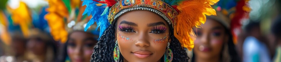 Naklejka premium Smiling Performer in Colorful Carnival Parade with Feathered Costume. Generative AI