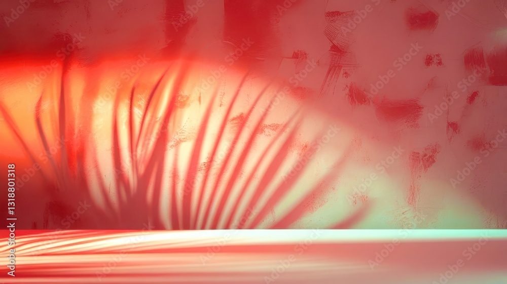 Poster A red wall with a shadow of a palm tree on it