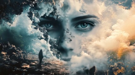 Fototapeta premium Unveiling Emotion: An Ethereal Blend of Surrealism and Reality Capturing the Depths of Human Expression Through Clouds of Thought and Imagination