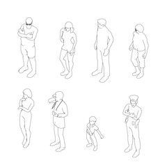 A series of people are shown in various poses, with some standing and others sitting. The image is in black and white and he is a drawing or a sketch. Scene is somewhat somber. Isometric view