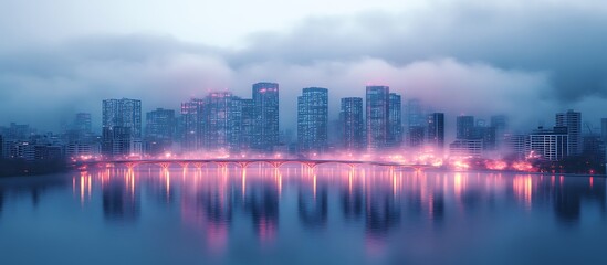 Fototapeta premium City Skyline Reflection Over Water with Foggy Atmospheric Scenery