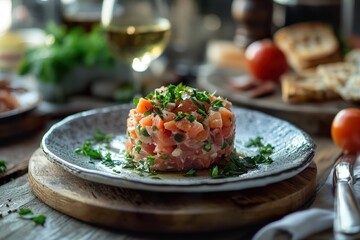 A plate of food with a garnish of parsley and a tomato on top