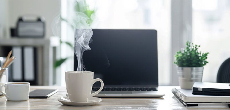 A modern office desk with a sleek laptop, a steaming coffee cup, and neatly arranged stationery. - Powered by Adobe