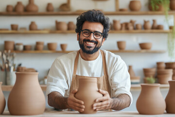 indian male potter working at shop