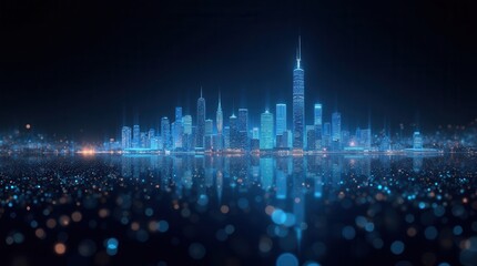 Peaceful futuristic cityscape glowing at night across water