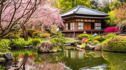 Obraz premium A traditional Japanese garden with a pond, a house, and cherry blossoms.