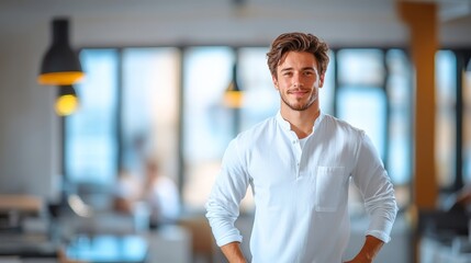 Fototapeta premium Man in a white shirt stands in front of a window. He is smiling and looking directly at the camera