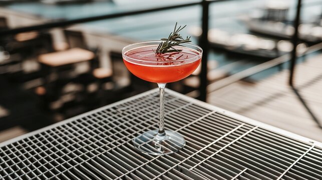   A macro shot of a stemmed goblet containing liquid on a flat surface alongside a serene water view