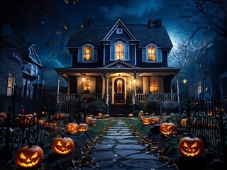 Spooky Halloween House with Jack-o'-Lanterns