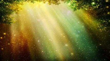 Magical Forest With Golden And Green Light Beams