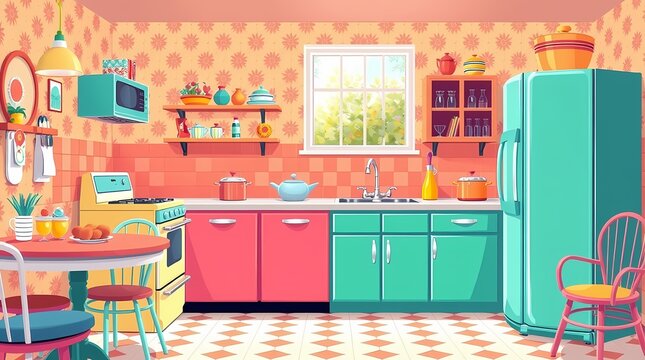 Retro Kitchen Charm: A nostalgic illustration of a retro kitchen with vintage appliances, polka dot wallpaper, and a cheerful color palette.