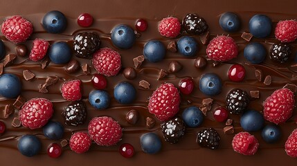   A delicious chocolate dessert adorned with fresh raspberries and blueberries