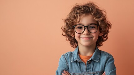 A young boy with curly hair and glasses is smiling for the camera