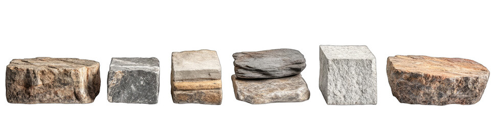 A row of rocks with one being the largest and the others being smaller