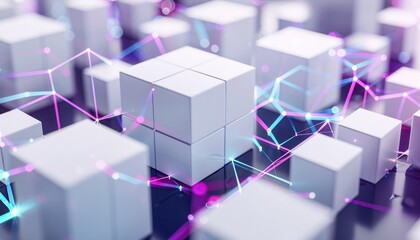 Fototapeta premium 3D cubes white black system data network connection digital intelligence futuristic glowing light shine.