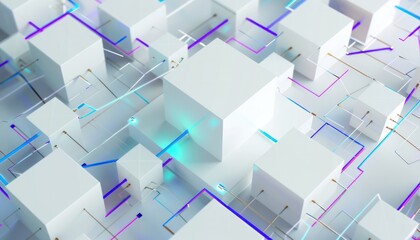 Obraz premium 3D cubes white black system data network connection digital intelligence futuristic glowing light shine.