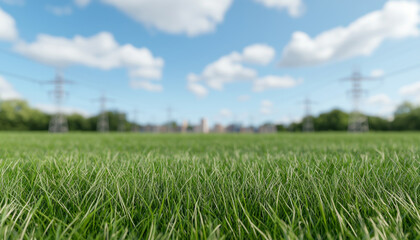 Fototapeta premium lush green field with city skyline in background under blue sky